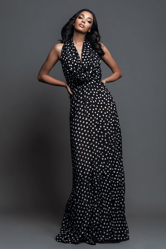 Black and White Chiffon Cowl Neck Sheath Maxi Polka Dots Dress