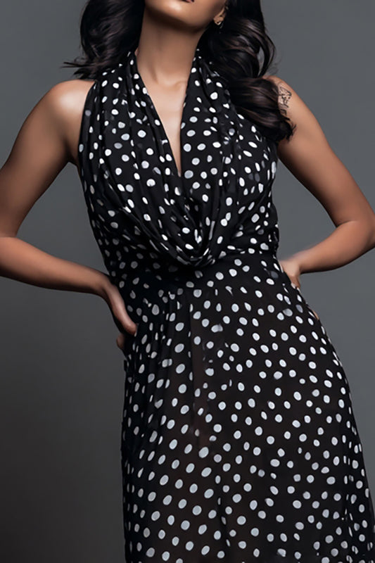 Black and White Chiffon Cowl Neck Sheath Maxi Polka Dots Dress