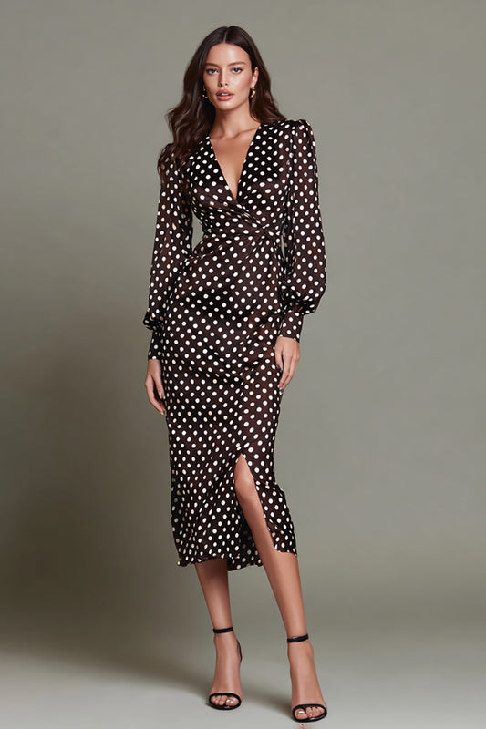 Dark Brown Chiffon V-Neck Pencil Polka Dots Dress with Slit