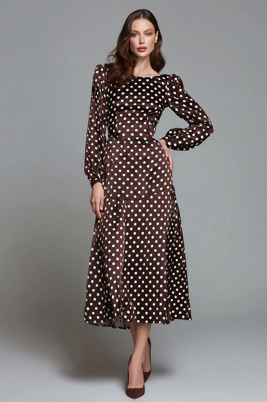 Dark Brown Satin Boat Neck A-Line Polka Dots Dress with Sleeves