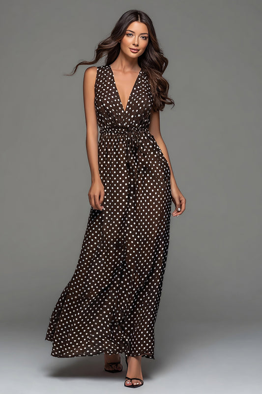 Dark Brown V-Neck Chiffon A-Line Maxi Polka Dots Dress