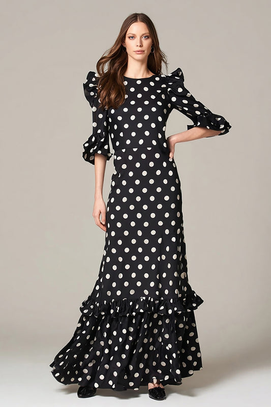 Black and White Round Neck Chiffon Maxi Polka Dots Dress with Ruffles