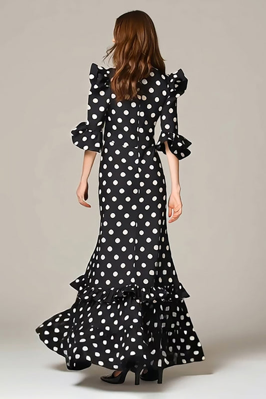 Black and White Round Neck Chiffon Maxi Polka Dots Dress with Ruffles
