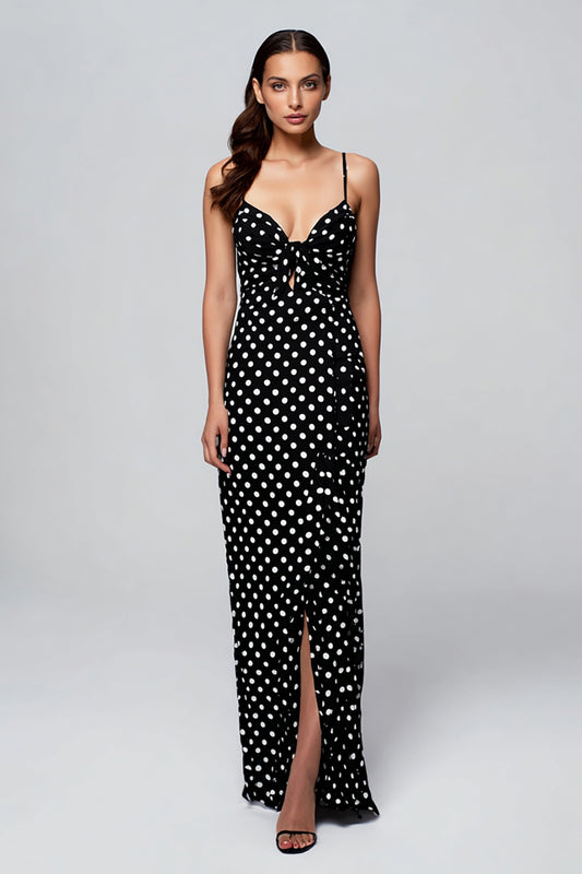 Black and White Spaghetti Straps Chiffon Maxi Polka Dots Dress with Slit