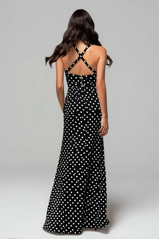 Black and White Chiffon Sheath Maxi Polka Dots Dress with Slit