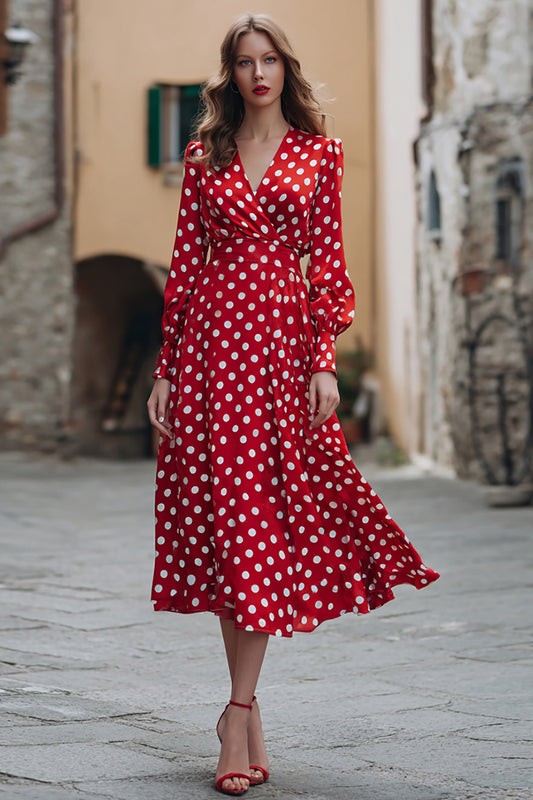 Red Chiffon Long Sleeves V-Neck A-Line Polka Dots Dress