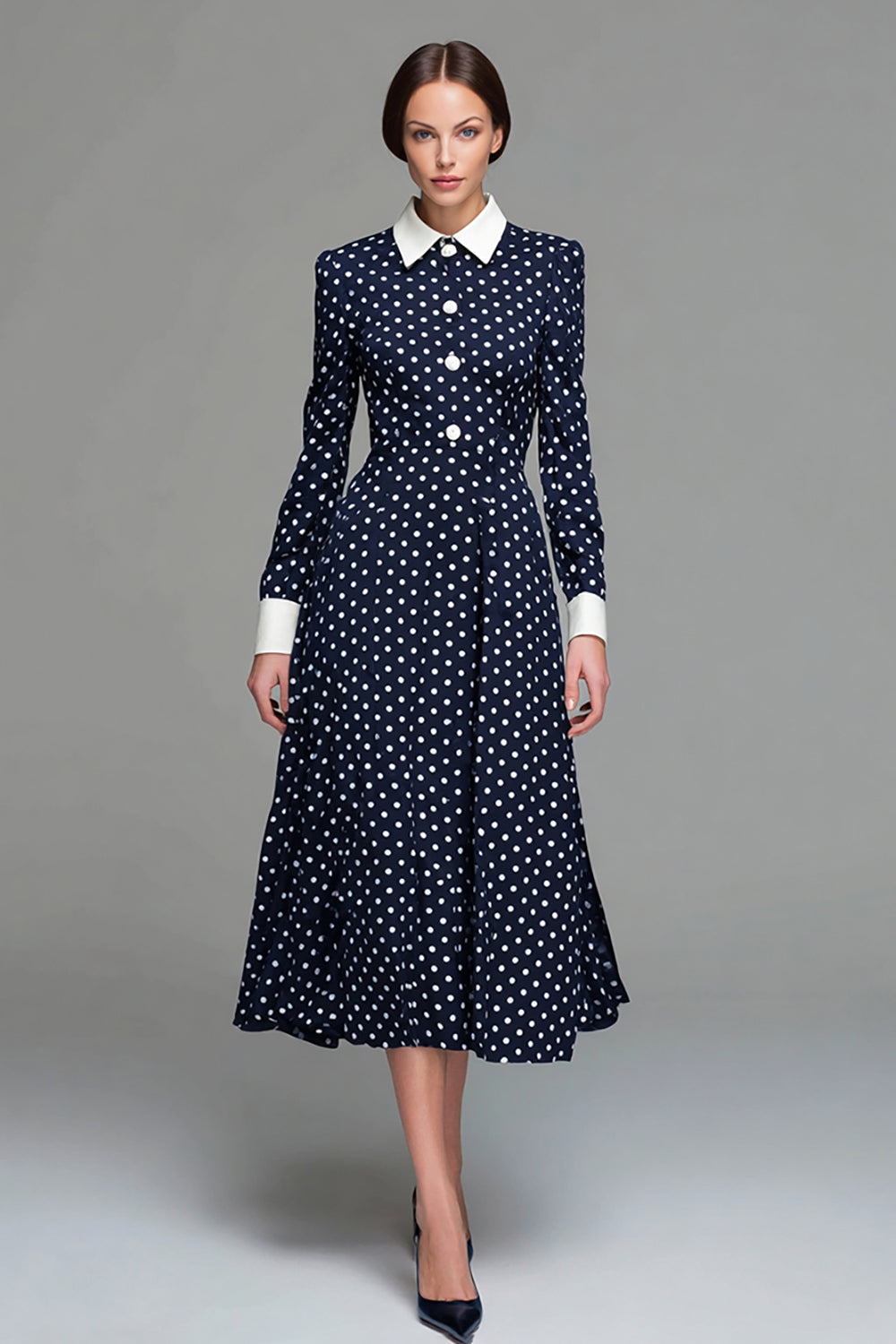 Zapaka Women Navy Satin A-Line Long Sleeves Tea Length Polka Dots Dress Vintage Collar Party Dress, Navy White Dot / US2