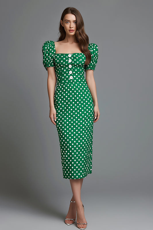 Green Satin Pencil Tea Length Square Neck Polka Dots Dress