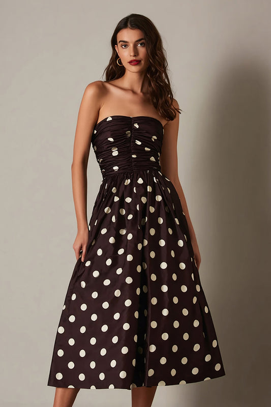 Dark Brown Satin Strapless A-Line Tea Length Polka Dots Dress