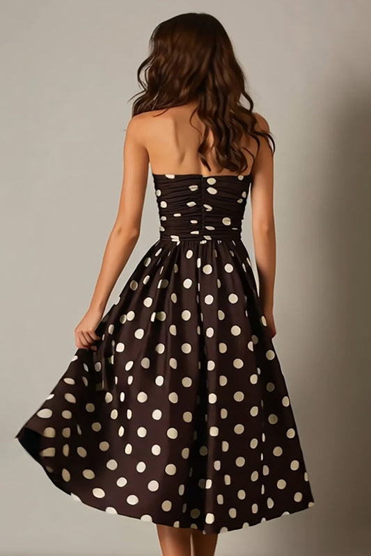 Dark Brown Satin Strapless A-Line Tea Length Polka Dots Dress