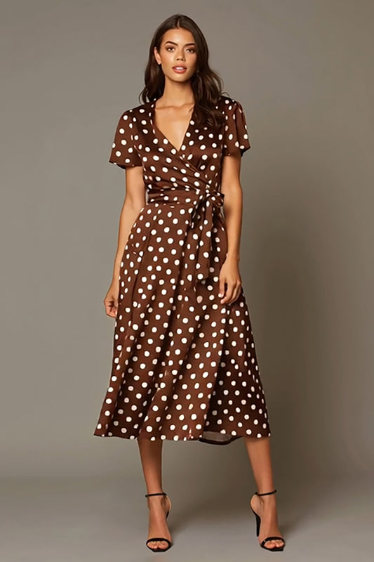 Brown Satin V-Neck A-Line Tea Length Polka Dots Dress