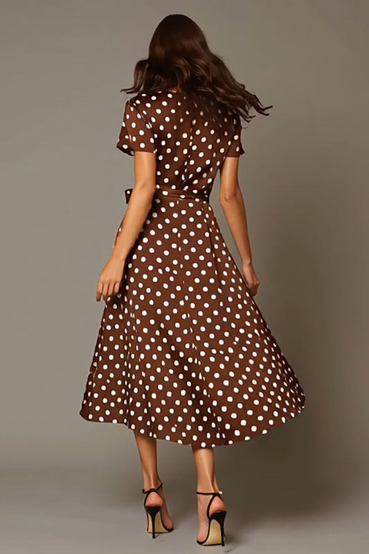 Brown Satin V-Neck A-Line Tea Length Polka Dots Dress