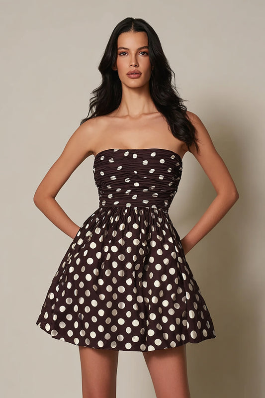 Dark Brown Satin Strapless A-Line Short Polka Dots Dress
