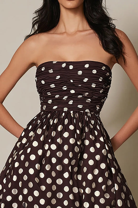 Dark Brown Satin Strapless A-Line Short Polka Dots Dress