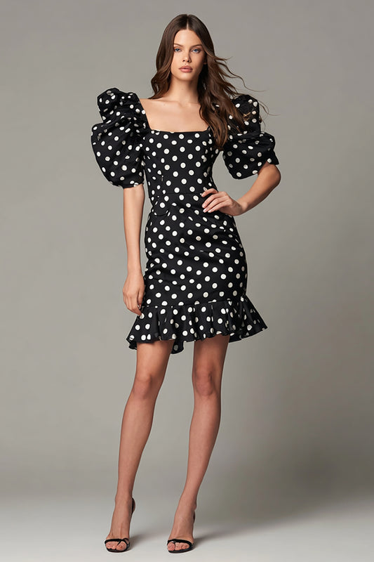 Black and White Satin Square Neck Bodycon Puff Sleeves Short Polka Dots Dress