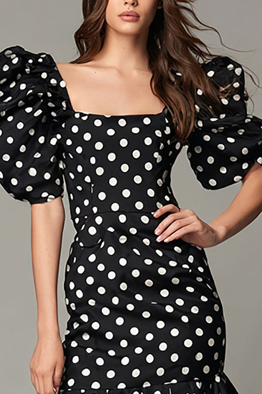 Black and White Satin Square Neck Bodycon Puff Sleeves Short Polka Dots Dress