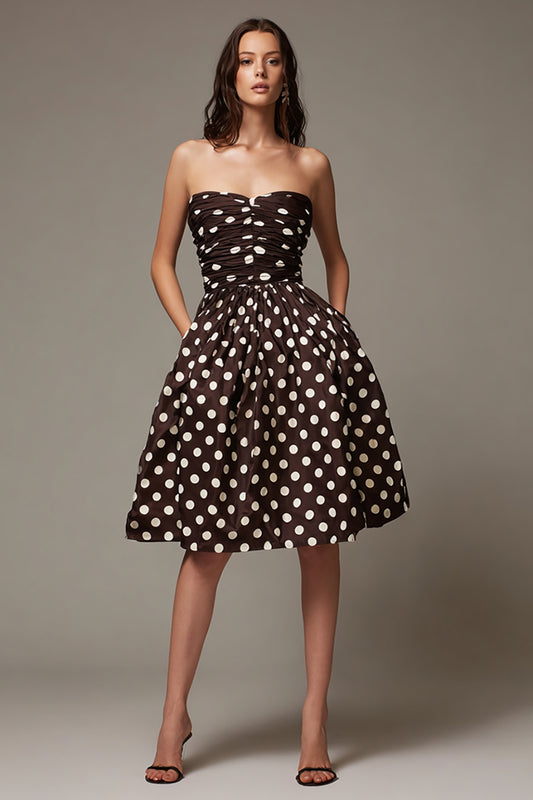 Dark Brown Satin A-Line Strapless Short Polka Dots Dress
