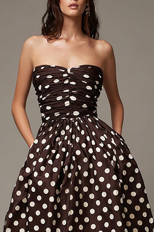 Dark Brown Satin A-Line Strapless Short Polka Dots Dress