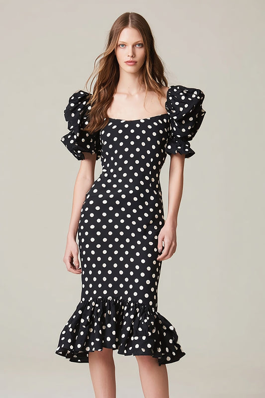 Black and White Satin Square Neck Puff Sleeves Midi Polka Dots Dress