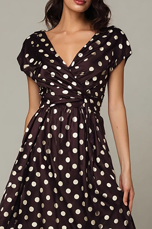 Dark Brown V-Neck Satin A-Line Tea Length Polka Dots Dress