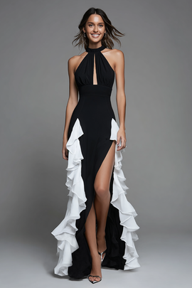 Black&White Keyhole Sheath High Low Formal Dress with Ruffles