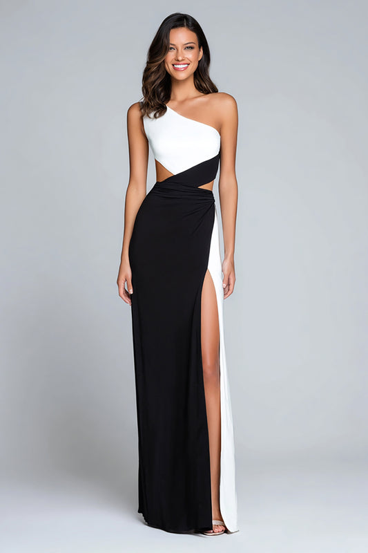 Black and White One Shoulder Satin Long Formal Dress with Slit