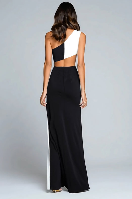 Black and White One Shoulder Satin Long Formal Dress with Slit