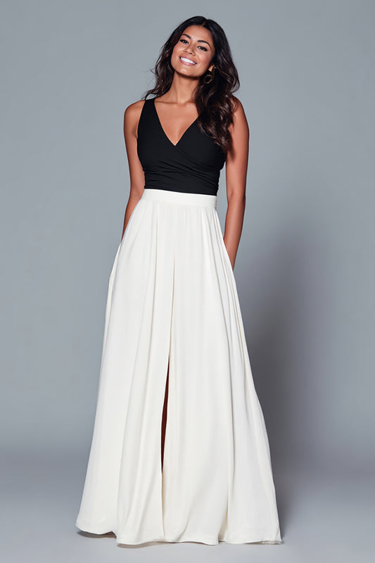 Black and White A Line V-Neck Long Formal Dress