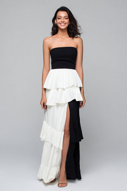 Black and White Strapless Tiered Long Formal Dress with Slit