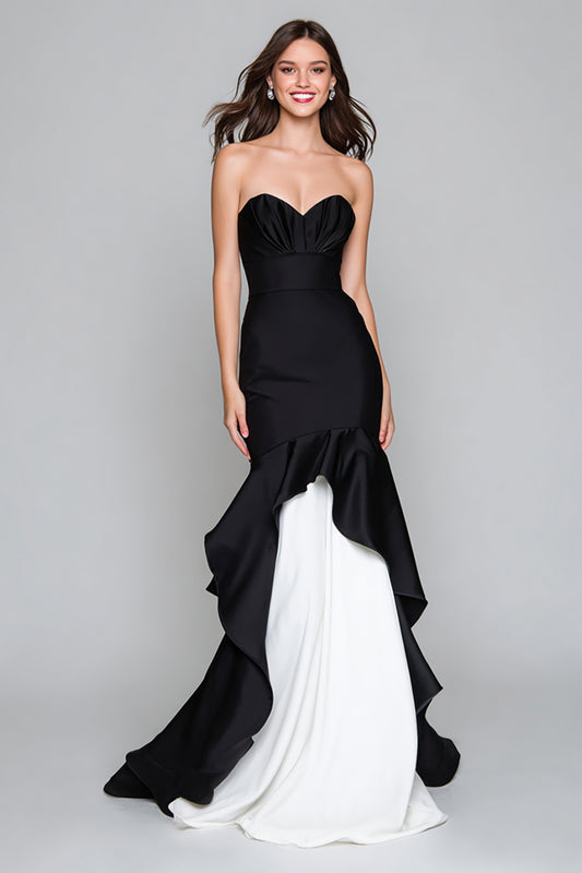 Black and White Mermaid Sweetheart Long Formal Dress with Ruffles