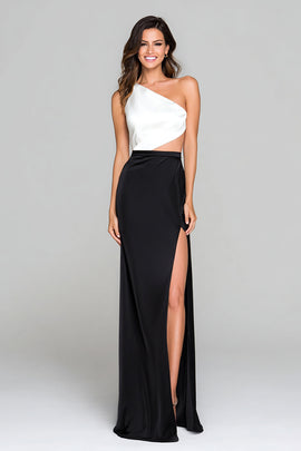 Black and White Sheath One Shoulder Long Formal Dress with Slit