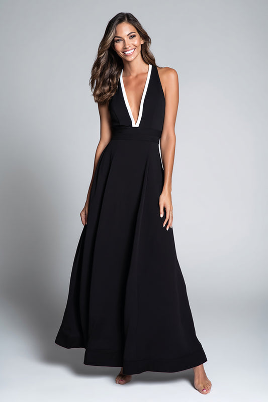Black and White Deep V-Neck A Line Long Formal Dress