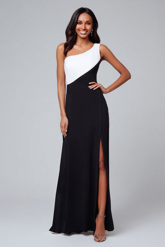 Black and White Patchwork One Shoulder Long Formal Dress with Slit