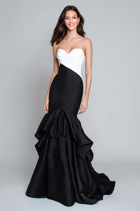 Black and White Patchwork Mermaid Long Formal Dress with Ruffles