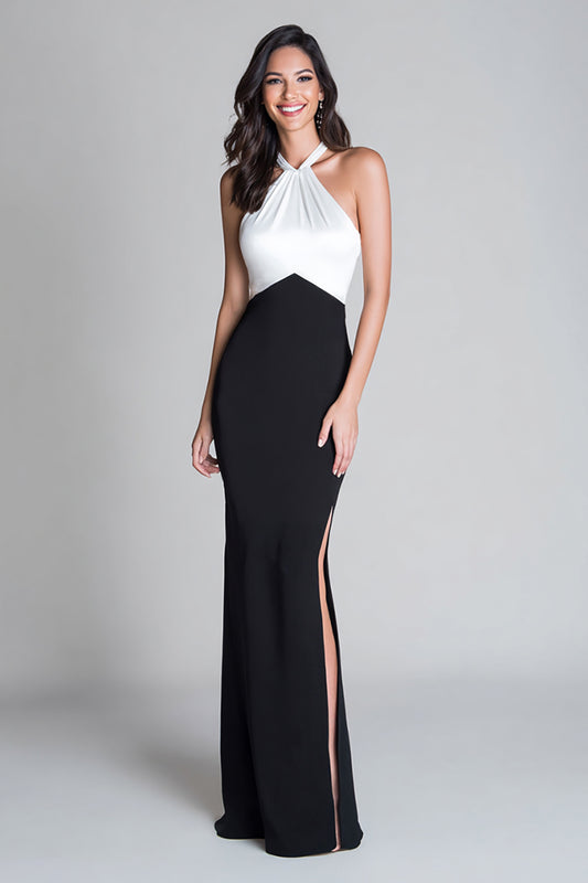Black and White Mermaid Halter Long Formal Dress with Slit