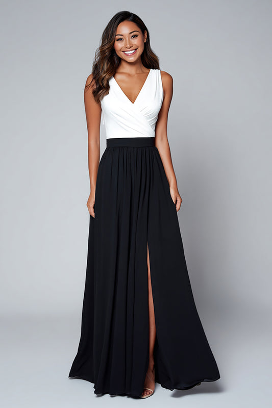 Black and White A Line V-Neck Long Formal Dress with Slit