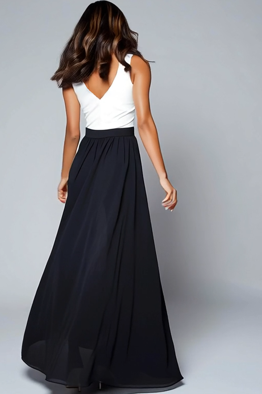 Black and White A Line V-Neck Long Formal Dress with Slit
