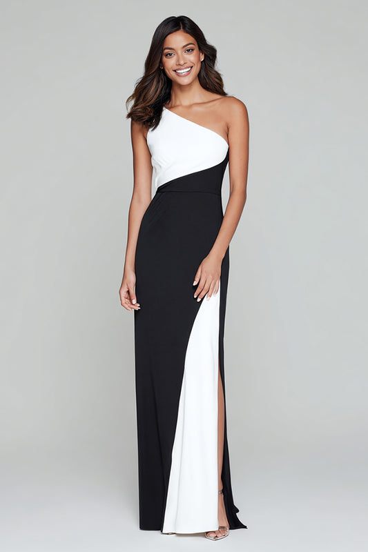 Black and White One Shoulder Patchwork Long Formal Dress with Slit