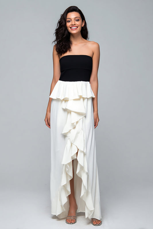 Black and White Strapless High-Low Formal Dress with Ruffles