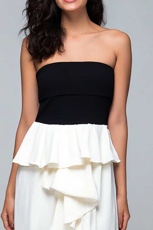 Black and White Strapless High-Low Formal Dress with Ruffles