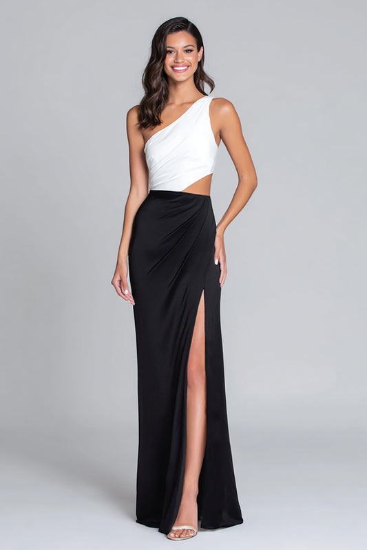 Black and White Satin One Shoulder Long Formal Dress with Slit