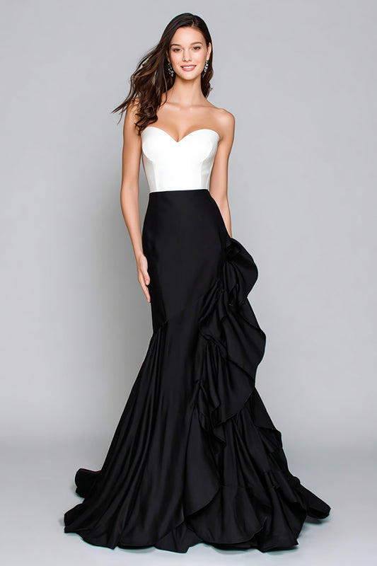 Black and White Mermaid Ruffled Long Satin Formal Dress