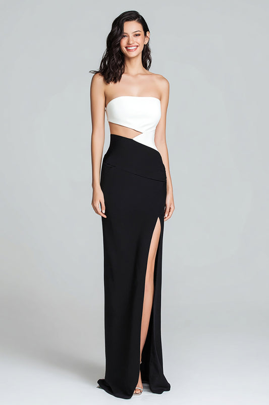 Black and White Cut Out Strapless Long Satin Formal Dress with Slit