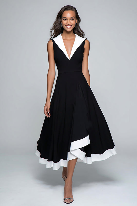 Black and White A Line V-Neck Midi Formal Dress