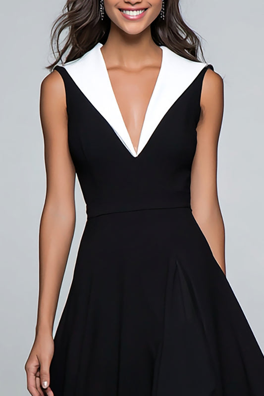 Black and White A Line V-Neck Midi Formal Dress