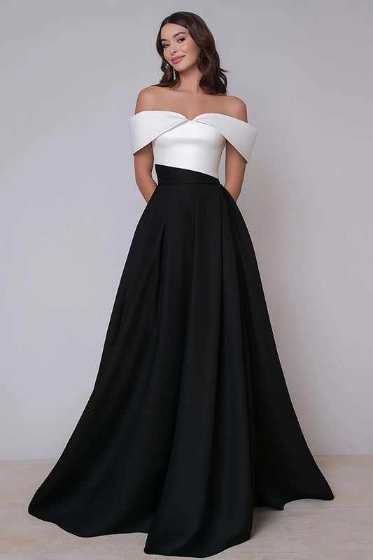 Black and White Off the Shoulder A Line Long Formal Dress