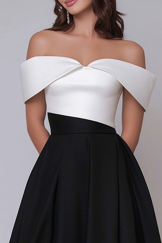 Black and White Off the Shoulder A Line Long Formal Dress