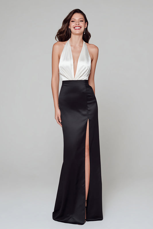 Black and White Satin Halter Long Formal Dress with Slit