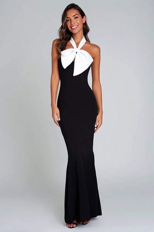 Black and White Mermaid Satin Long Formal Dress with Bow