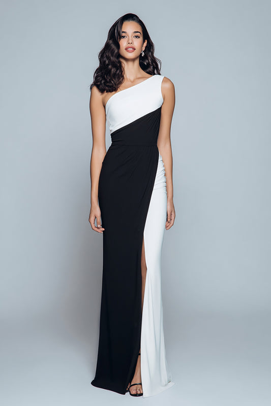 Black and White Satin Patchwork Long Formal Dress with Slit